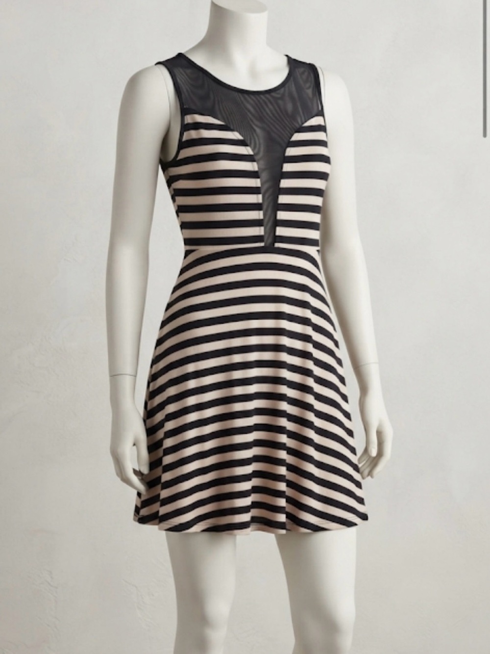 Monteau Black & Cream Striped Mesh Yoke Sleeveless Mini Dress